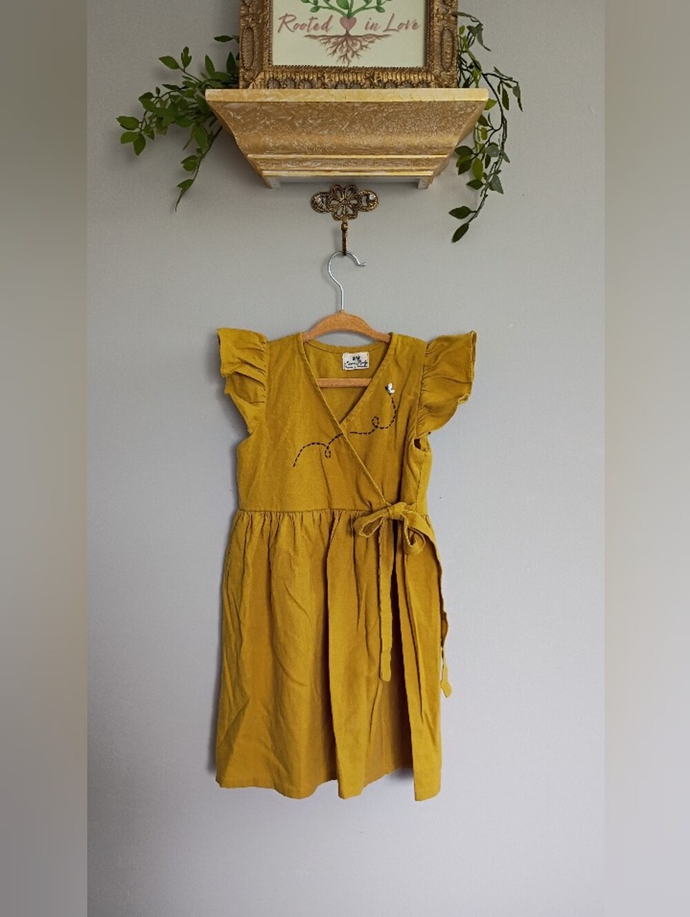 Girls' Mustard Wrap Dress with Bow Detail